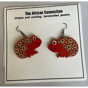 The African Connection African Handcrafted/Hand Painted Red Frog Wood Earrings.